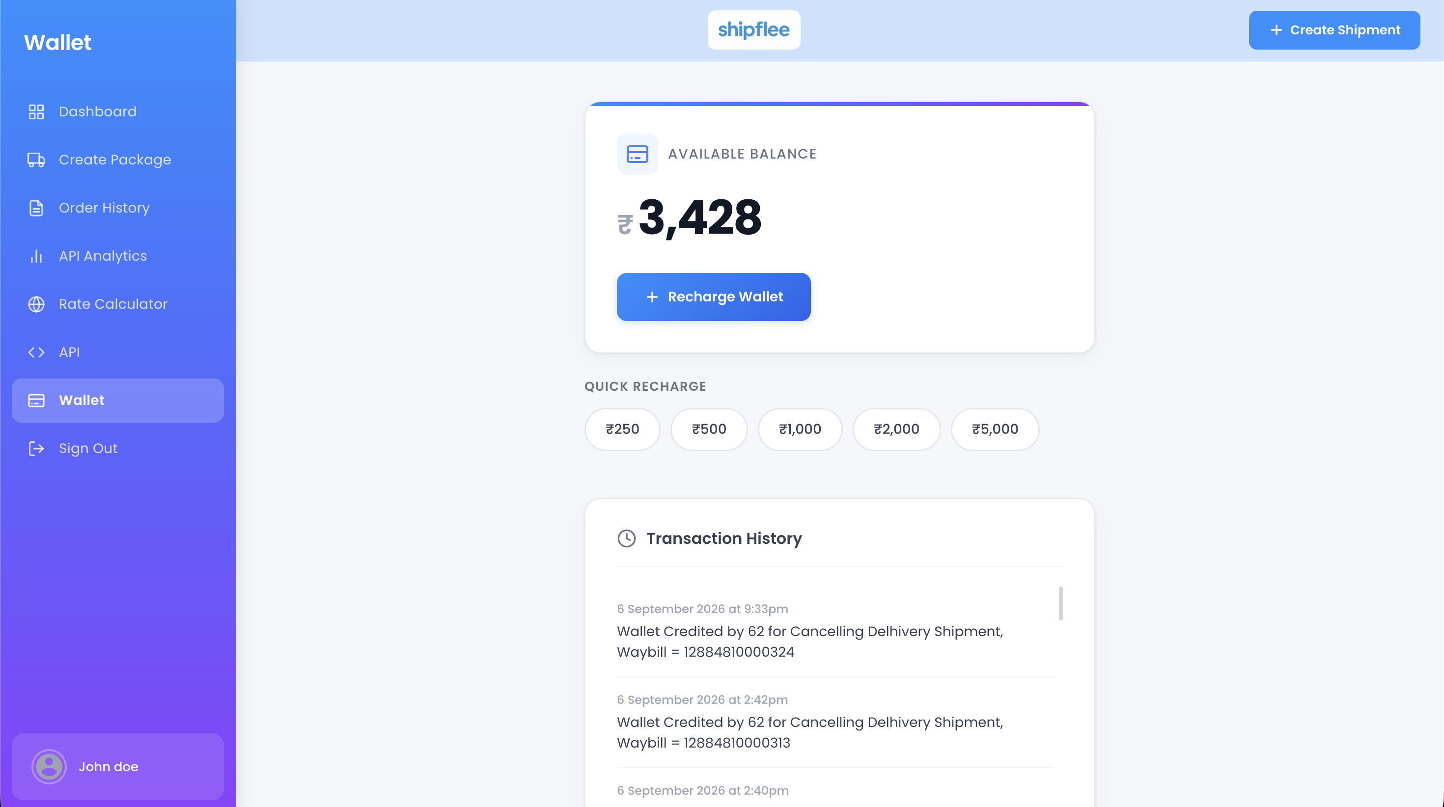 Shipflee Shipping Wallet and Instant Refund Ledger