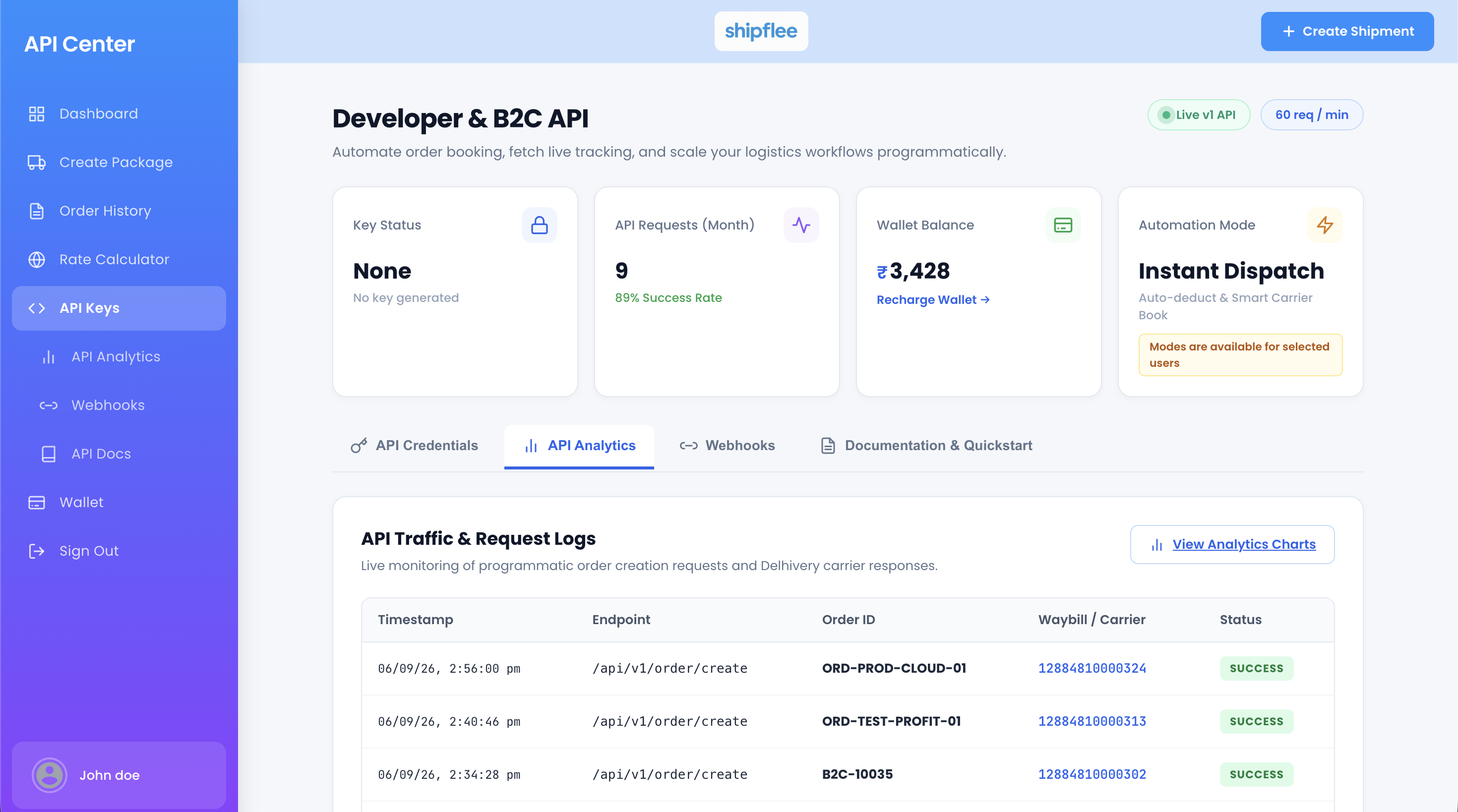 Shipflee Developer API Center and Request Logs