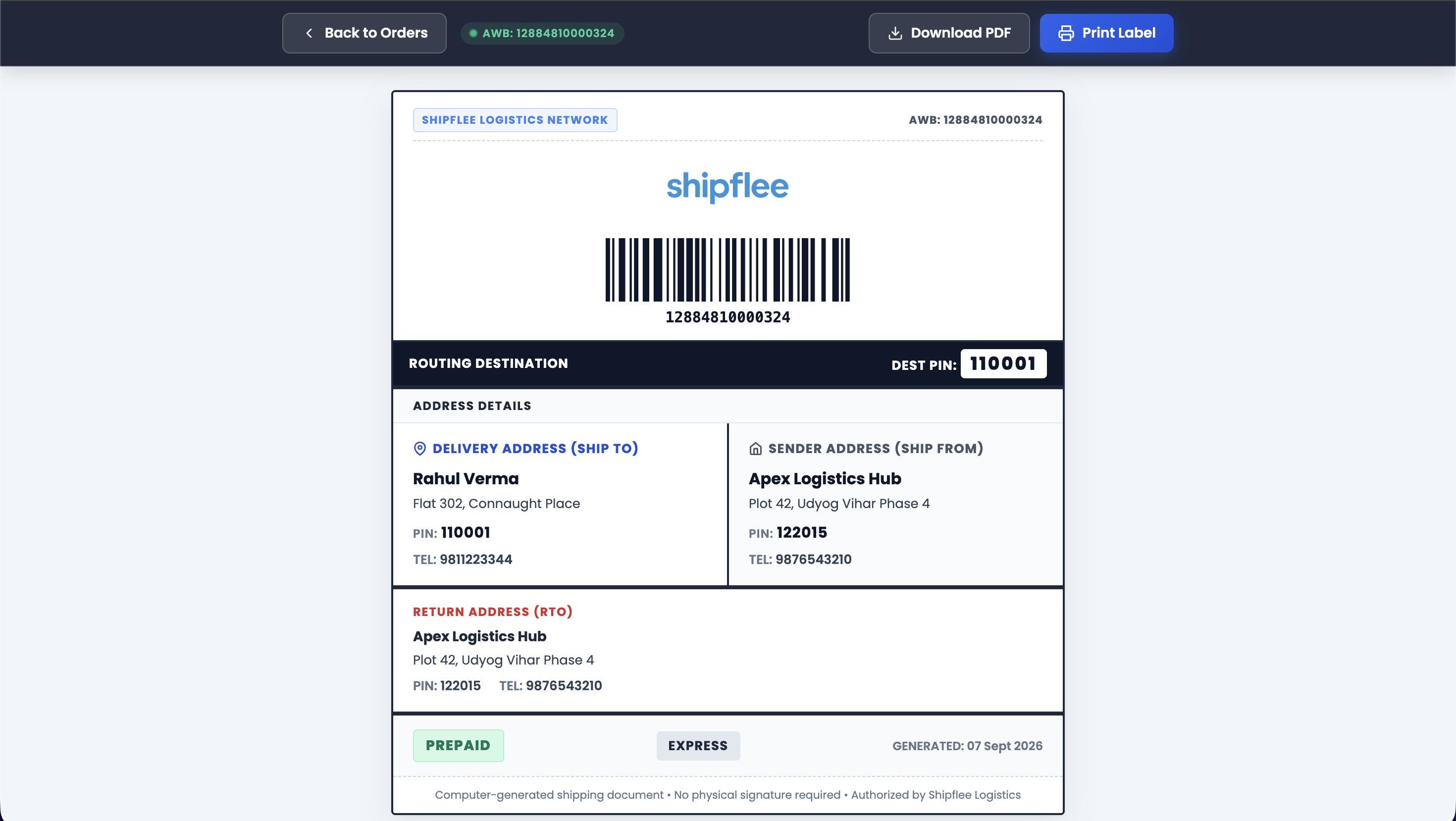 Shipflee Instant Shipping Label and AWB Receipt Generation